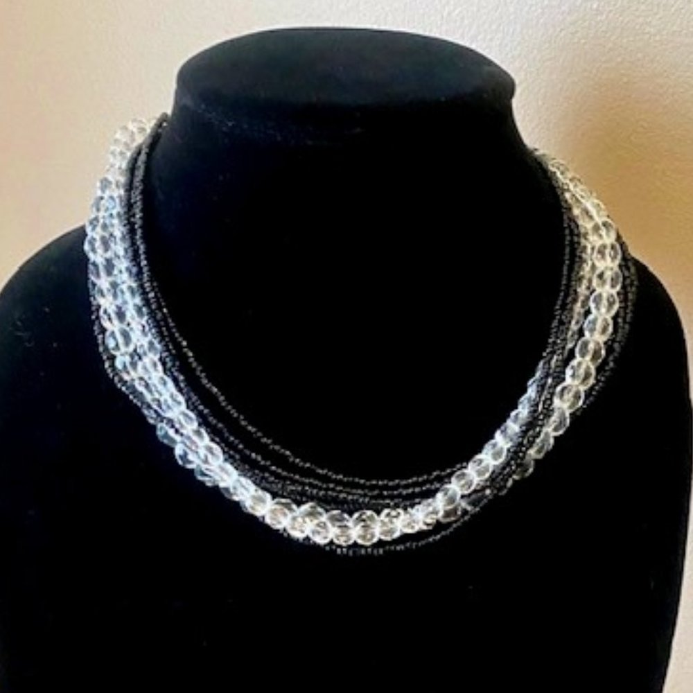 Multi Strand Black and Clear Beaded Choker Necklace